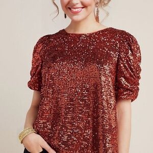 Anthropologie Sequin Puff Sleeve Shirt Lined S 10 Holiday NYE X-mas Glam
